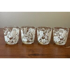 Set 4 Vintage Mid Century Juice Condiment Glasses Half Pint White Flowers 3.25"